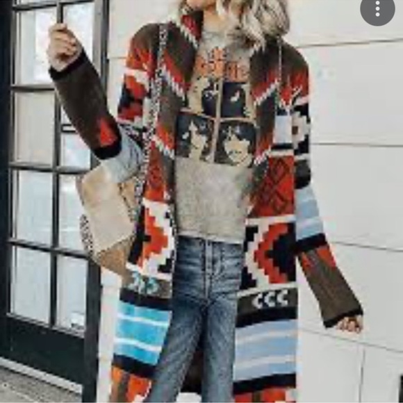 Vintage Jackets & Blazers - Vintage A na long Aztec colorful open knit cardigan sweater